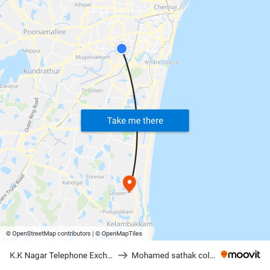 K.K Nagar Telephone Exchange to Mohamed sathak college map
