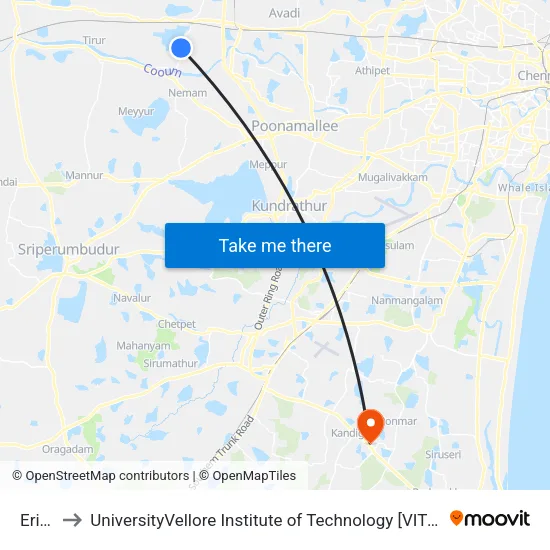 Erikarai to UniversityVellore Institute of Technology [VIT University] - Chennai Campus map