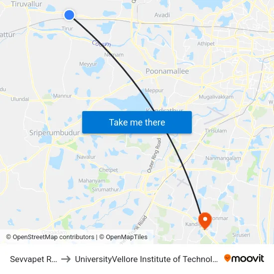 Sevvapet Road Bus Stop to UniversityVellore Institute of Technology [VIT University] - Chennai Campus map
