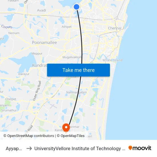 Ayyappan Kovil to UniversityVellore Institute of Technology [VIT University] - Chennai Campus map