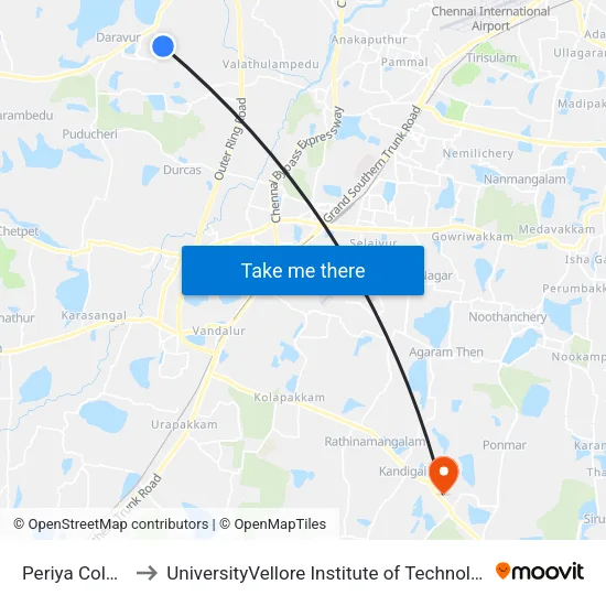Periya Colony Koot Road to UniversityVellore Institute of Technology [VIT University] - Chennai Campus map