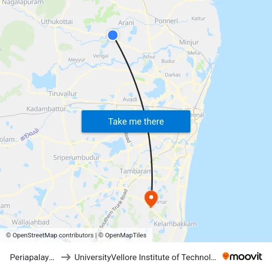 Periapalayam Bus Stand to UniversityVellore Institute of Technology [VIT University] - Chennai Campus map