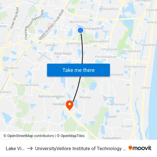Lake View Road to UniversityVellore Institute of Technology [VIT University] - Chennai Campus map