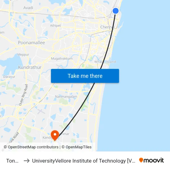 Tondiarpet to UniversityVellore Institute of Technology [VIT University] - Chennai Campus map