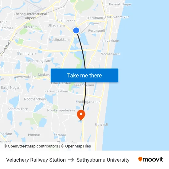 Velachery Railway Station to Sathyabama University map