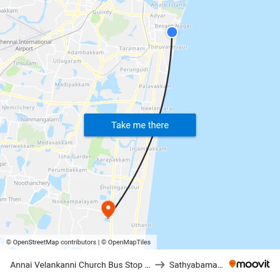 Annai Velankanni Church Bus Stop (Besant Nagar Chruch) to Sathyabama University map