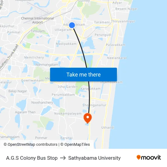 A.G.S Colony Bus Stop to Sathyabama University map