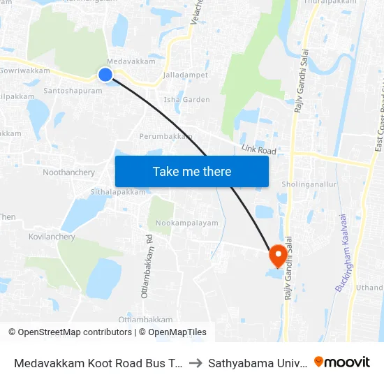 Medavakkam Koot Road Bus Terminus to Sathyabama University map
