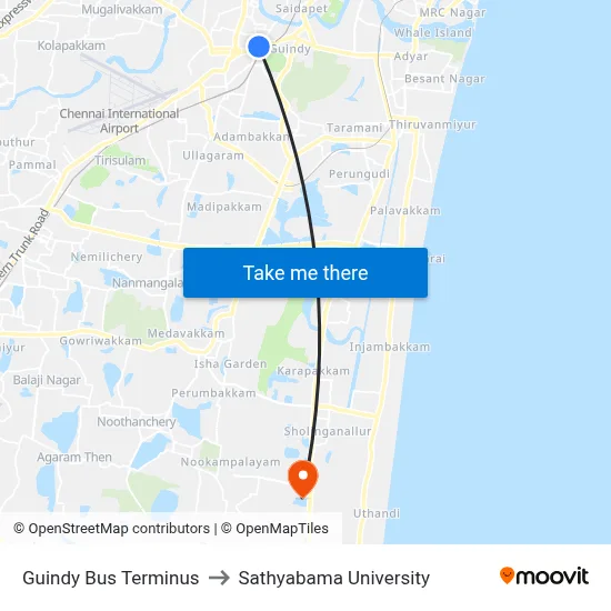 Guindy Bus Terminus to Sathyabama University map