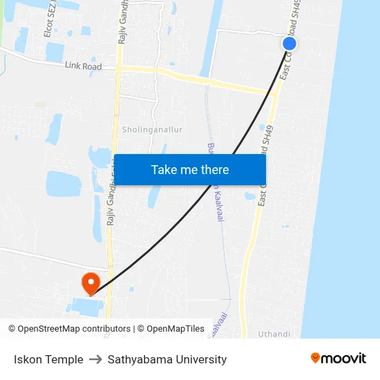 Iskon Temple to Sathyabama University map