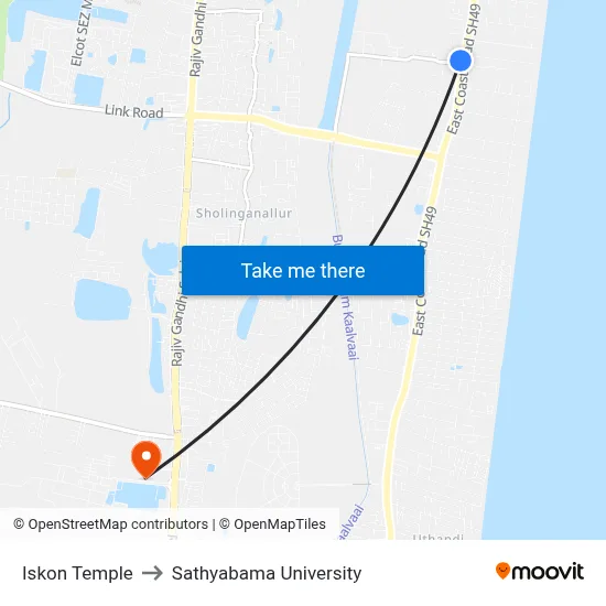 Iskon Temple to Sathyabama University map