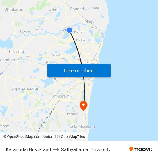Karanodai Bus Stand to Sathyabama University map