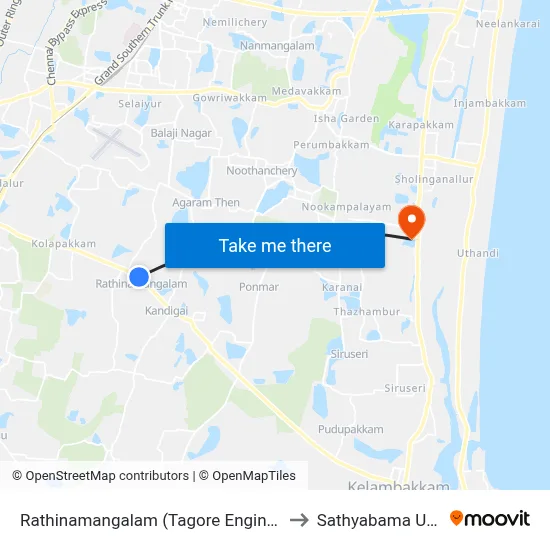 Rathinamangalam (Tagore Engineering College) to Sathyabama University map