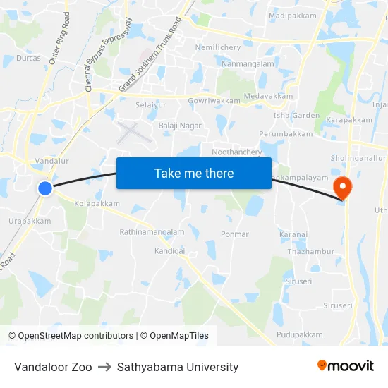 Vandaloor Zoo to Sathyabama University map