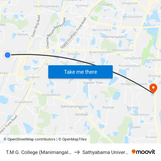 T.M.G. College (Manimangalam) to Sathyabama University map