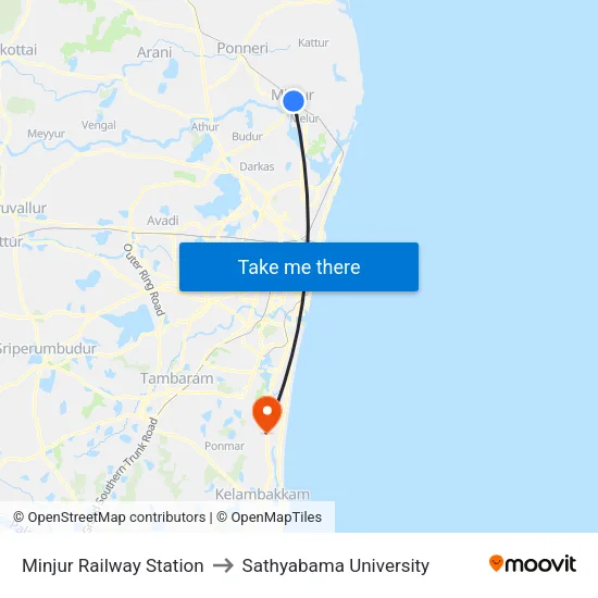 Minjur Railway Station to Sathyabama University map
