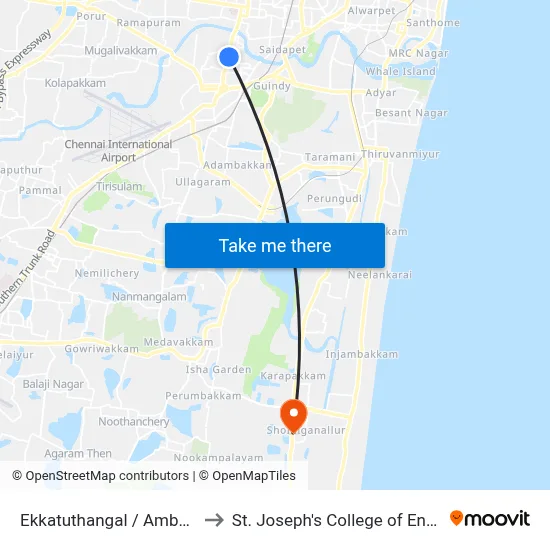 Ekkatuthangal / Ambul Nagar to St. Joseph's College of Engineering map