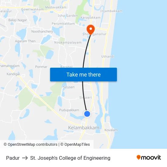 Padur to St. Joseph's College of Engineering map