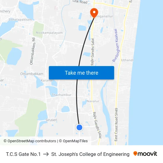 T.C.S Gate No.1 to St. Joseph's College of Engineering map