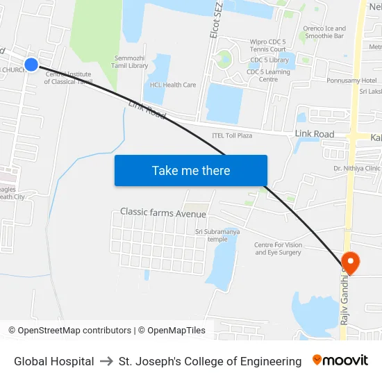 Global Hospital to St. Joseph's College of Engineering map