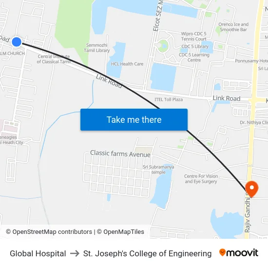 Global Hospital to St. Joseph's College of Engineering map