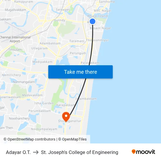 Adayar O.T. to St. Joseph's College of Engineering map