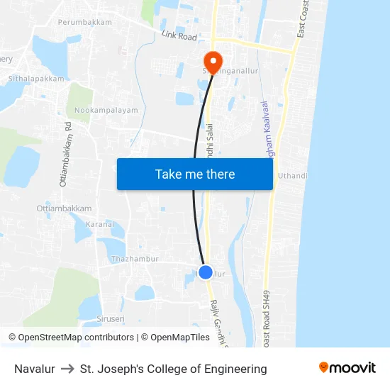 Navalur to St. Joseph's College of Engineering map