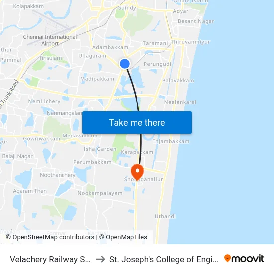 Velachery Railway Station to St. Joseph's College of Engineering map