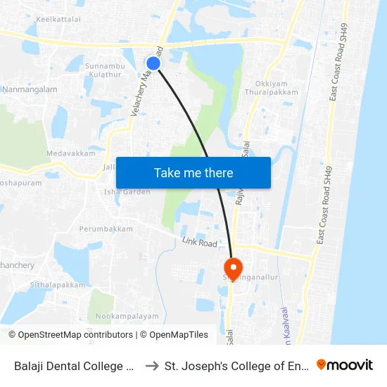 Balaji Dental College Bus Stop to St. Joseph's College of Engineering map