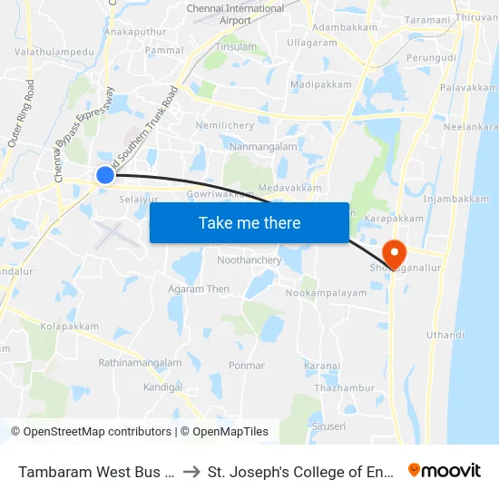 Tambaram West Bus Station to St. Joseph's College of Engineering map