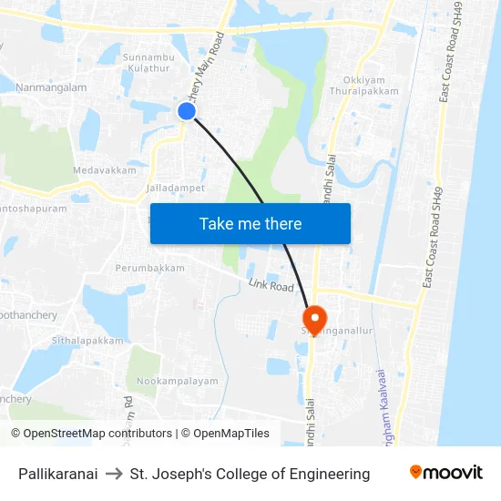 Pallikaranai to St. Joseph's College of Engineering map