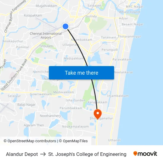 Alandur Depot to St. Joseph's College of Engineering map