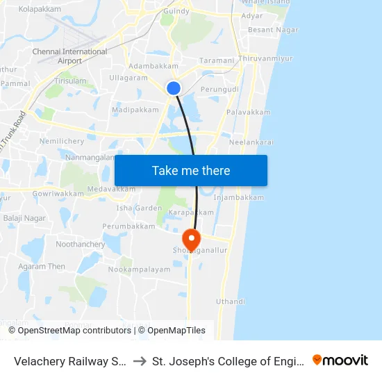 Velachery Railway Station to St. Joseph's College of Engineering map