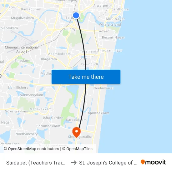 Saidapet (Teachers Training College) to St. Joseph's College of Engineering map