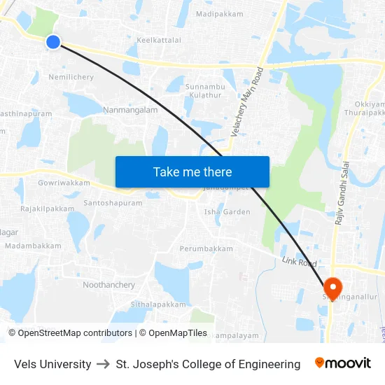 Vels University to St. Joseph's College of Engineering map
