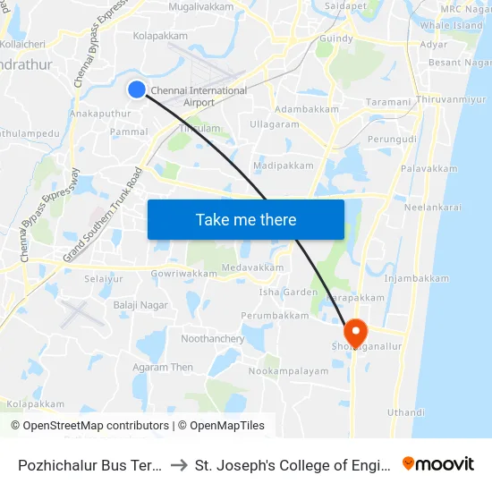 Pozhichalur Bus Terminal to St. Joseph's College of Engineering map