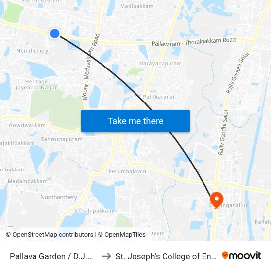 Pallava Garden / D.J.M School to St. Joseph's College of Engineering map