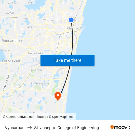 Vyasarpadi to St. Joseph's College of Engineering map