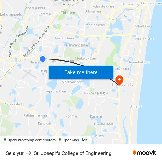 Selaiyur to St. Joseph's College of Engineering map