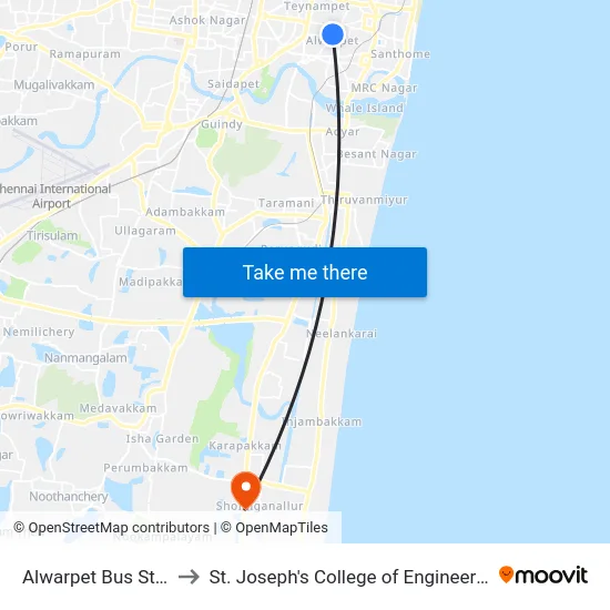 Alwarpet Bus Stop to St. Joseph's College of Engineering map
