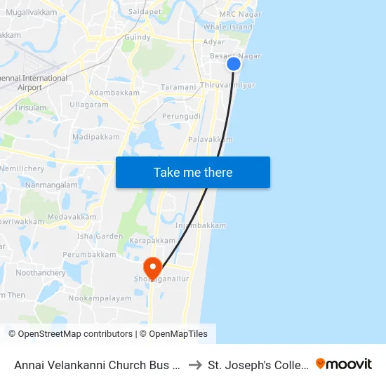 Annai Velankanni Church Bus Stop (Besant Nagar Church) to St. Joseph's College of Engineering map