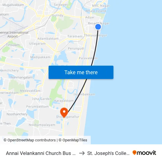 Annai Velankanni Church Bus Stop (Besant Nagar Chruch) to St. Joseph's College of Engineering map