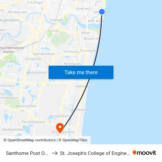 Santhome Post Office to St. Joseph's College of Engineering map