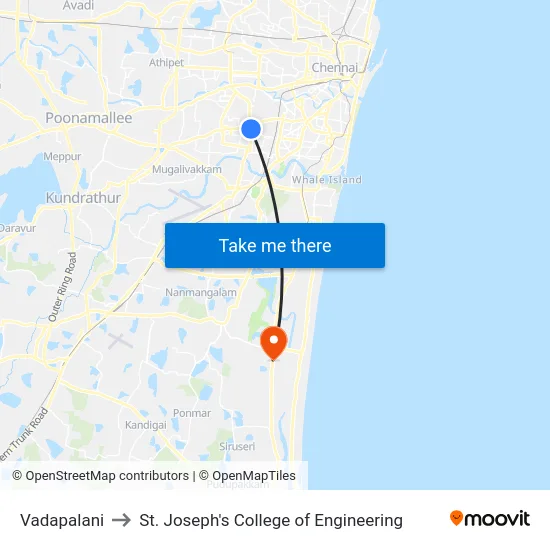 Vadapalani to St. Joseph's College of Engineering map