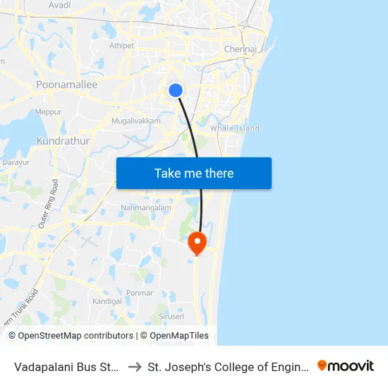 Vadapalani Bus Station to St. Joseph's College of Engineering map