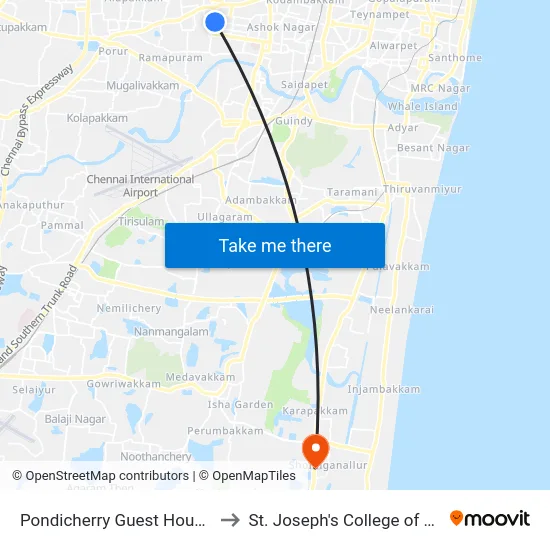 Pondicherry Guest House Bus Stop to St. Joseph's College of Engineering map