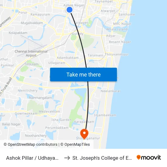 Ashok Pillar / Udhayam Theatre to St. Joseph's College of Engineering map