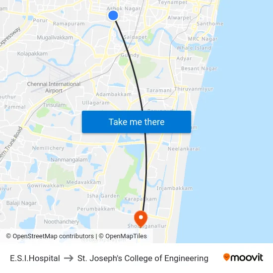 E.S.I.Hospital to St. Joseph's College of Engineering map