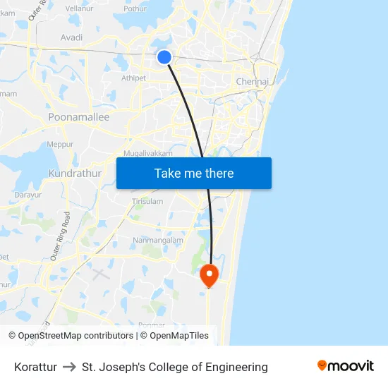 Korattur to St. Joseph's College of Engineering map