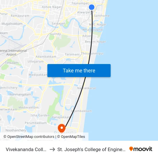 Vivekananda College to St. Joseph's College of Engineering map